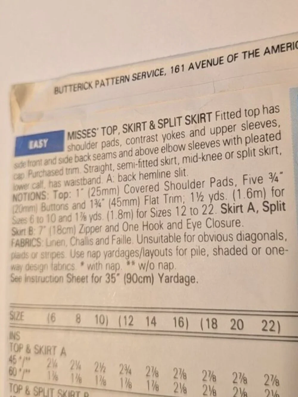 Butterick 5406 Sewing Pattern EASY Top, Skirt, Culottes Leslie Fay UNCUT